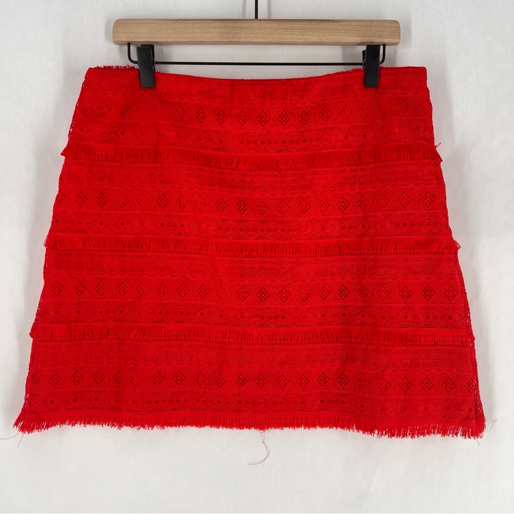 J. Crew Factory Red Fringe Lace Mini Skirt Exposed Zipper Size 12